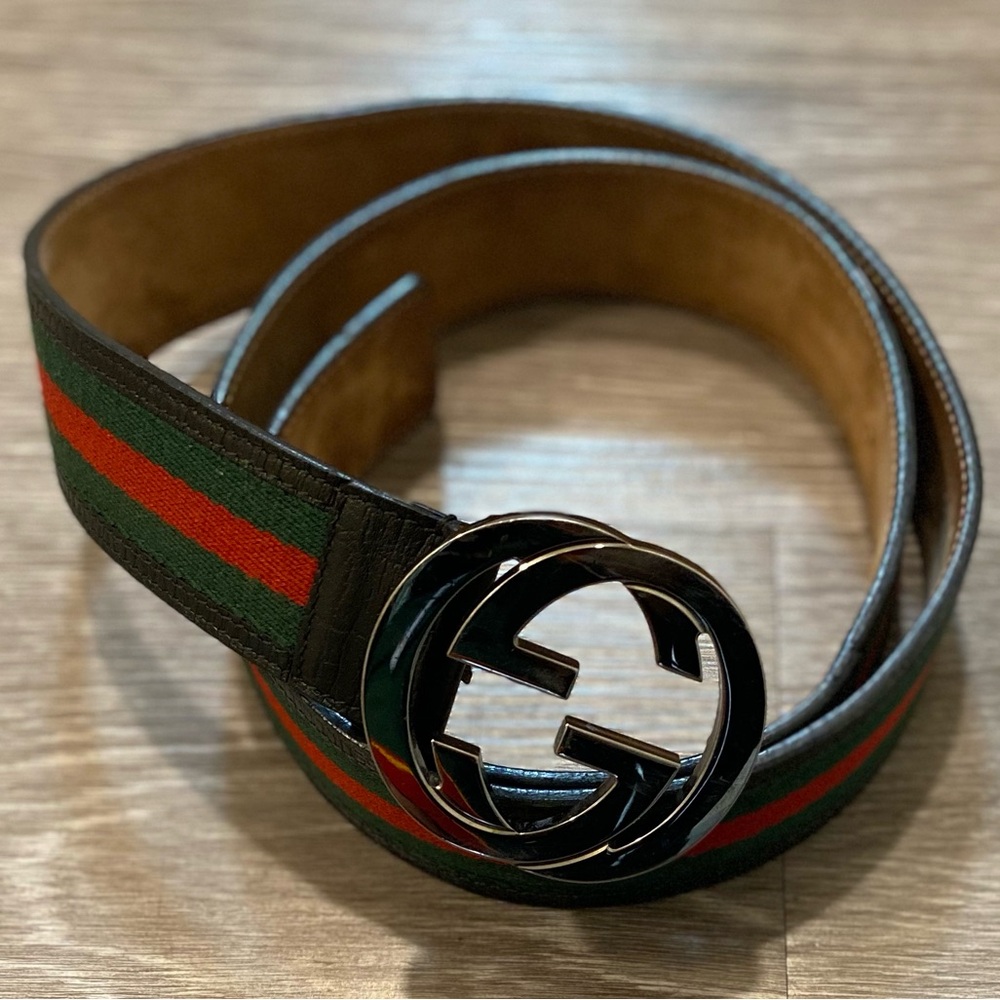Gucci Black and Green Belt with Signature GG Buckle